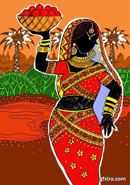 Collection of vector image of a beautiful Indian female girl national clothes 25 EPS