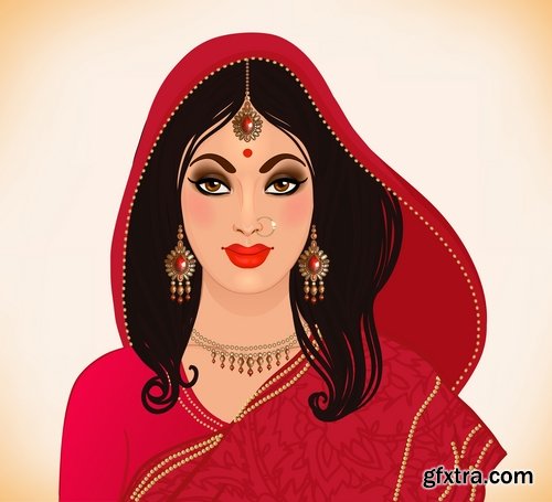 Collection of vector image of a beautiful Indian female girl national clothes 25 EPS