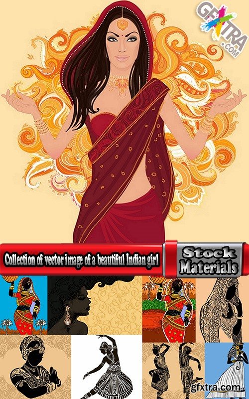 Collection of vector image of a beautiful Indian female girl national clothes 25 EPS