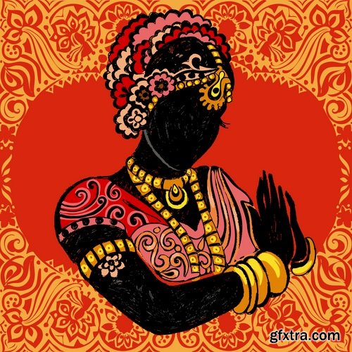 Collection of vector image of a beautiful Indian female girl national clothes 25 EPS