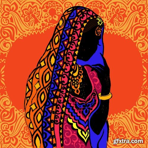 Collection of vector image of a beautiful Indian female girl national clothes 25 EPS