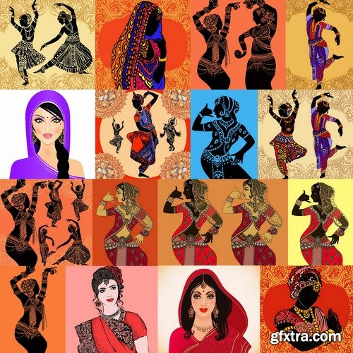 Collection of vector image of a beautiful Indian female girl national clothes 25 EPS