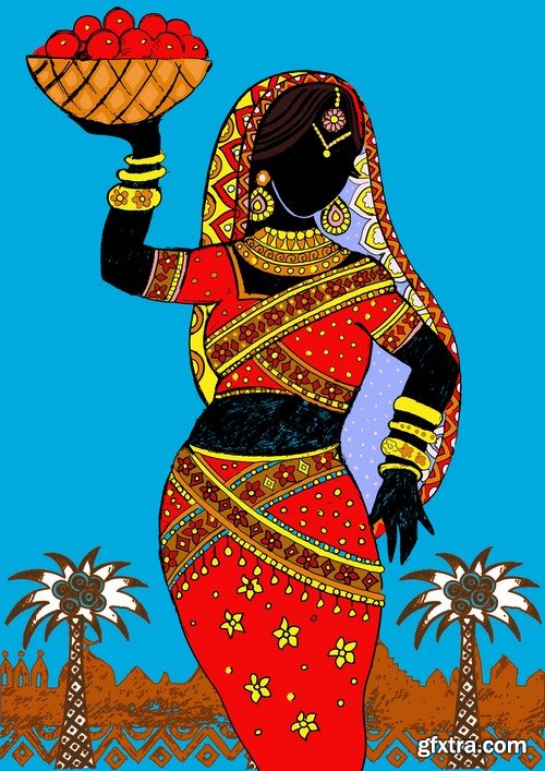 Collection of vector image of a beautiful Indian female girl national clothes 25 EPS