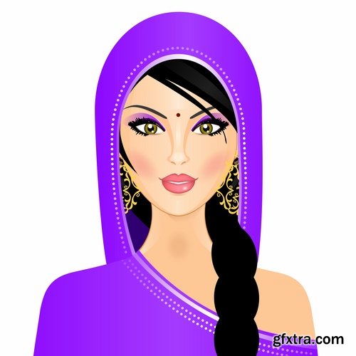 Collection of vector image of a beautiful Indian female girl national clothes 25 EPS