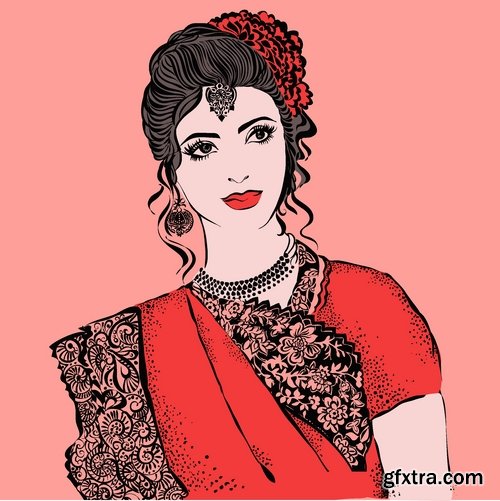 Collection of vector image of a beautiful Indian female girl national clothes 25 EPS