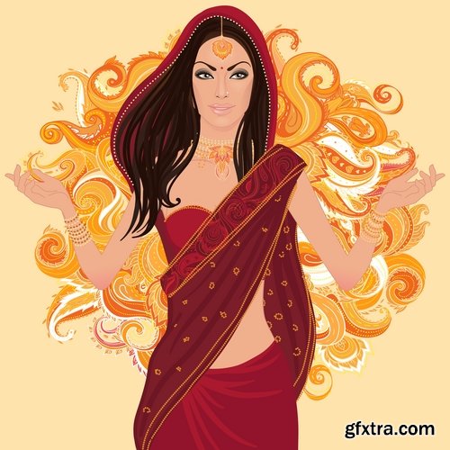 Collection of vector image of a beautiful Indian female girl national clothes 25 EPS