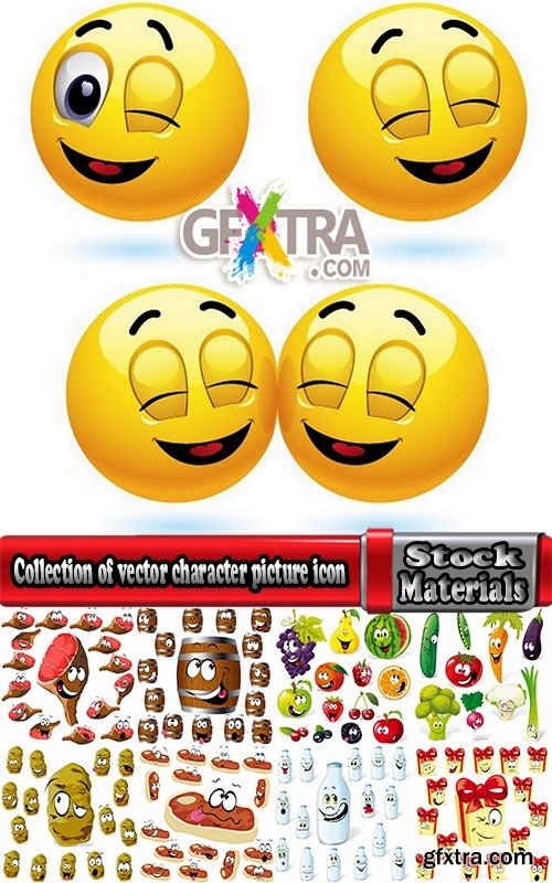 Collection of vector character picture funny smileys vegetable fruit icon 25 EPS