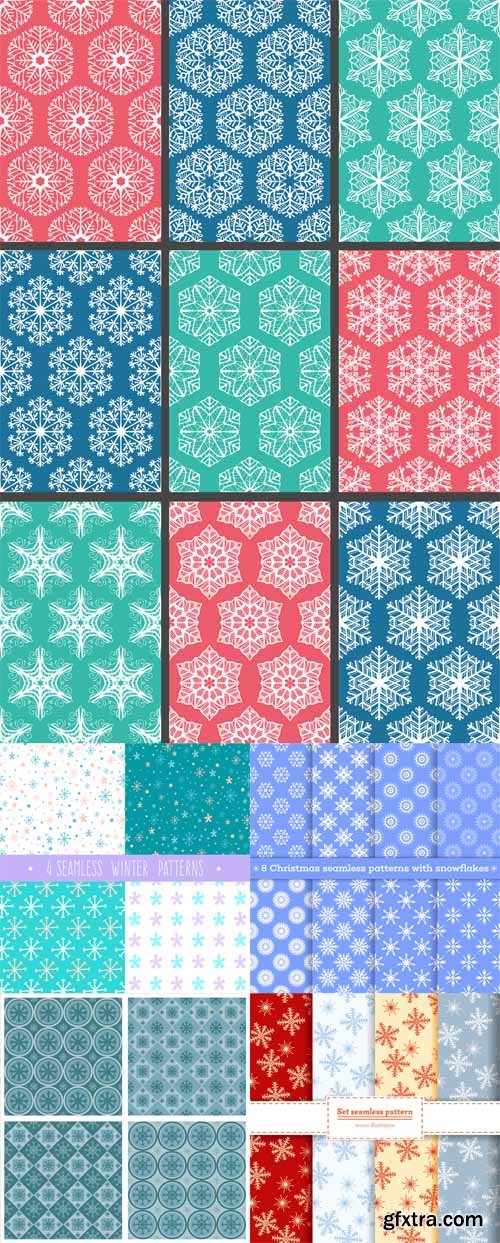 Abstract seamless snowflakes patterns set