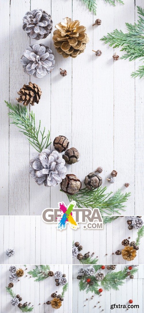 Stock Photo - Christmas Decorations on Wooden Background 10