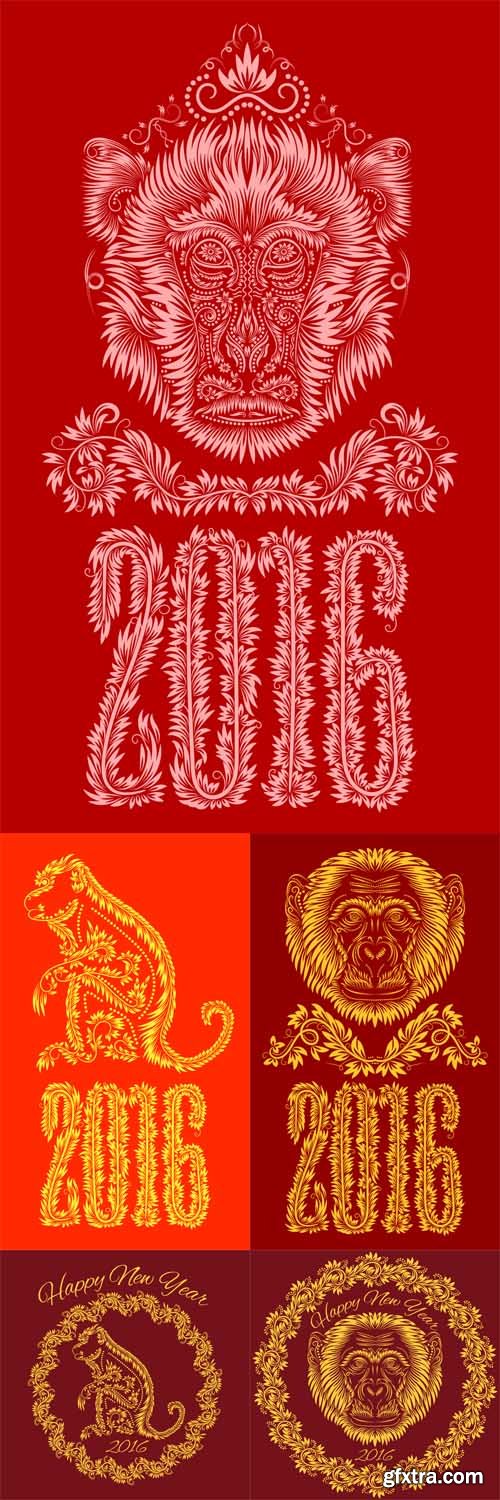 Vector Set - Fiery Monkey Year Greeting Card Template