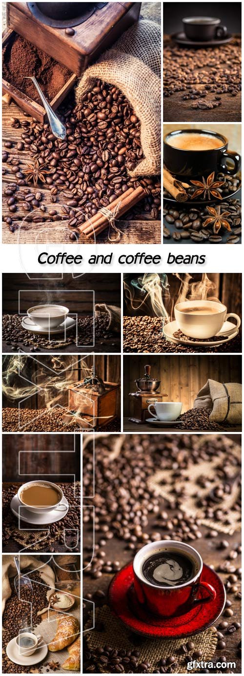 Coffee collage, cups of coffee and coffee beans