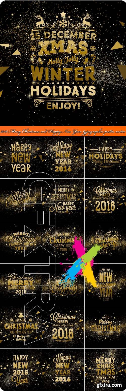 2016 Merry Christmas and Happy New Year typographic poster vector