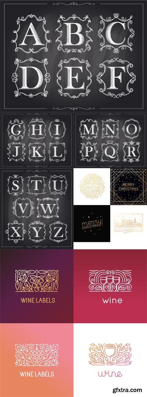 Blackboard chalk vintage calligraphic letters in monogram and christmas, wine logos