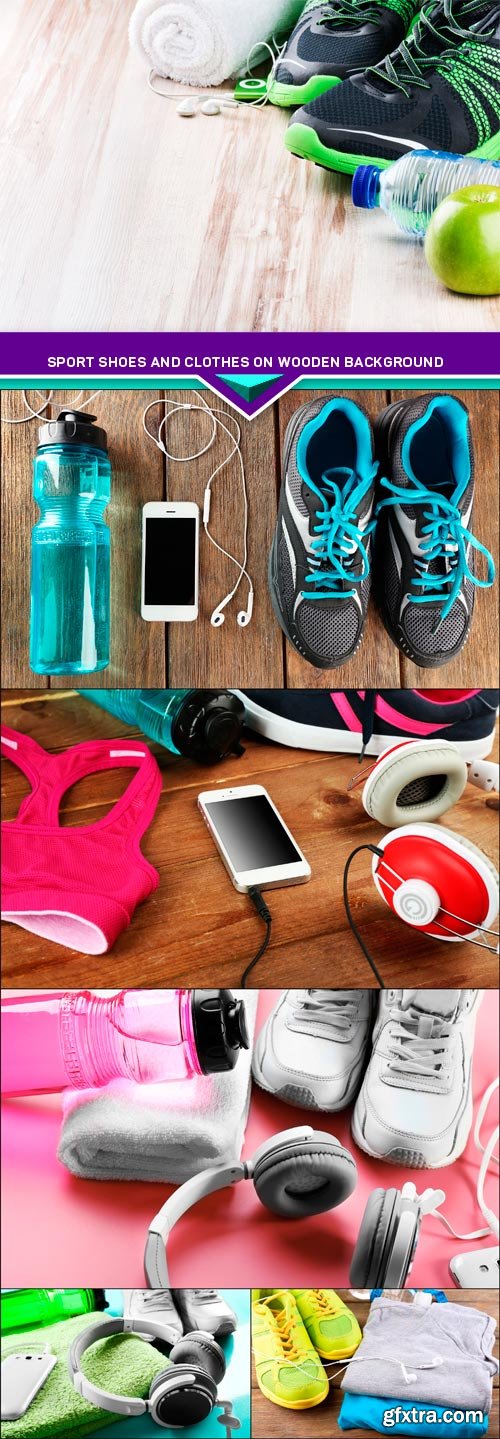 Sport shoes and clothes on wooden background 6x JPEG