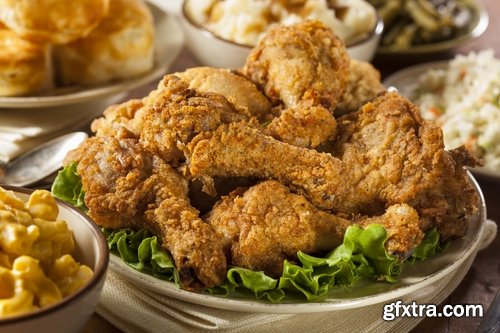 Collection of different food pancake fried chicken BBQ chicken fried potatoes 25 HQ Jpeg