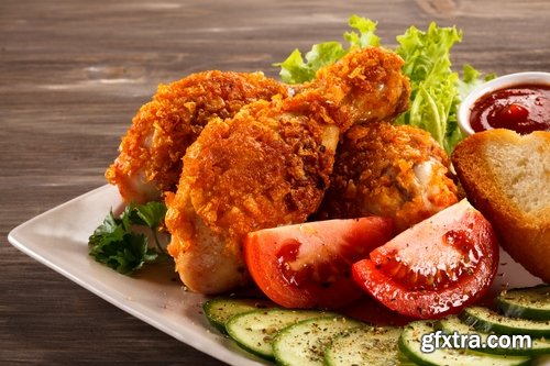 Collection of different food pancake fried chicken BBQ chicken fried potatoes 25 HQ Jpeg