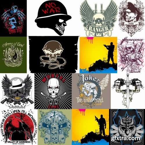 Collection of vector drawing a picture for T-shirts Skull War 2-25 EPS