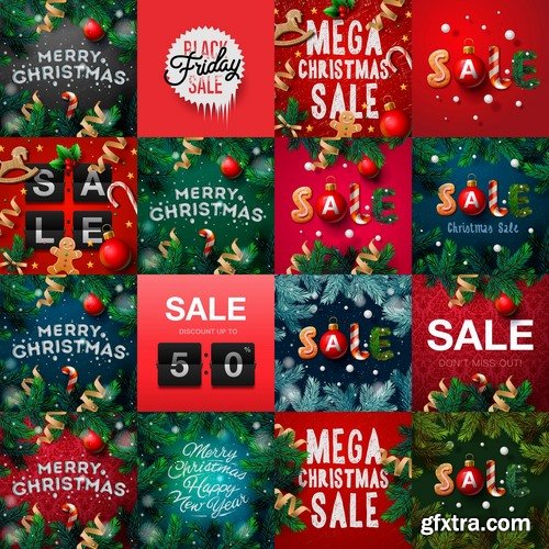 Collection of vector image Christmas sale Christmas flyer sticker poster banner 25 EPS