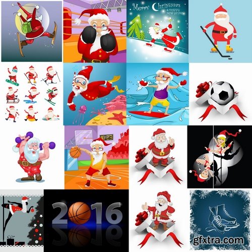 Collection of vector image Santa Claus Father Frost New Year Christmas Sports 25 EPS