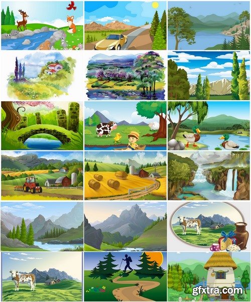 Collection of vector illustration of a children\'s picture nature landscape painting 25 EPS