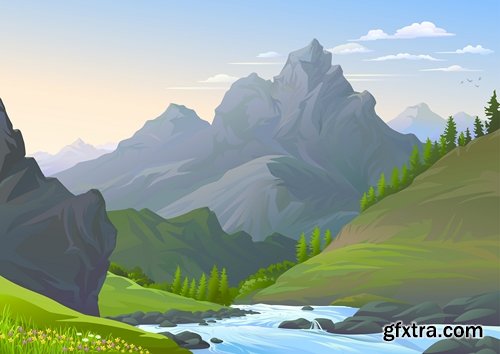 Collection of vector illustration of a children\'s picture nature landscape painting 25 EPS