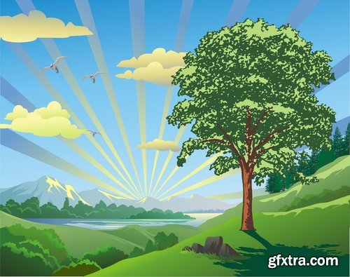 Collection of vector illustration of a children\'s picture nature landscape painting 25 EPS