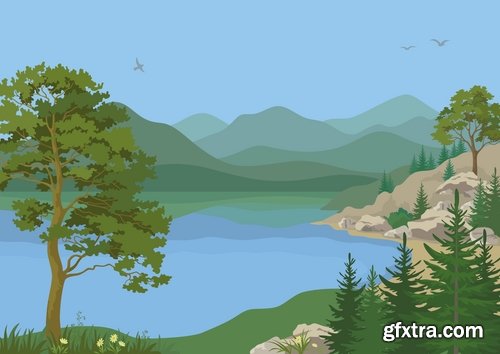 Collection of vector illustration of a children\'s picture nature landscape painting 25 EPS