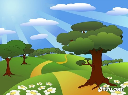 Collection of vector illustration of a children\'s picture nature landscape painting 25 EPS