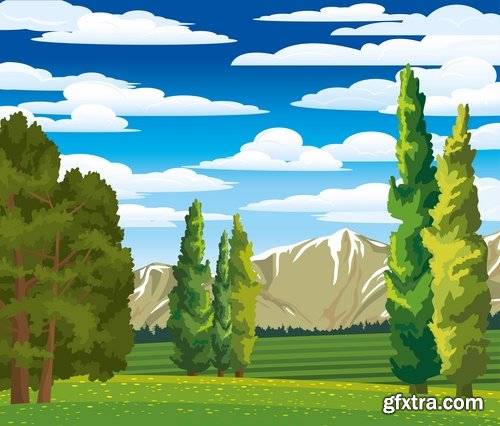 Collection of vector illustration of a children\'s picture nature landscape painting 25 EPS