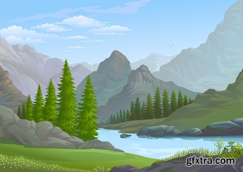 Collection of vector illustration of a children\'s picture nature landscape painting 25 EPS