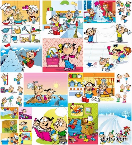 Illustration of happy and funny cartoon kids 2 - 25 Eps