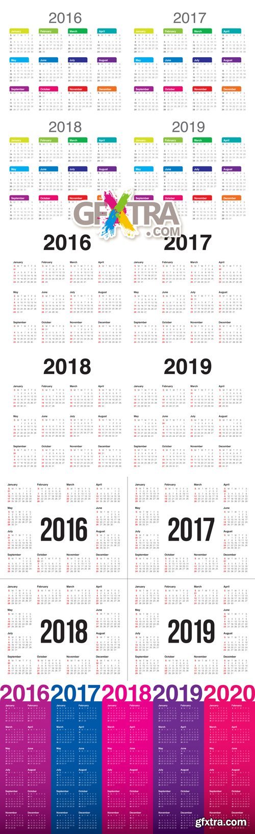 Calendar 2016, 2017, 2018, 2019, 2020 Years