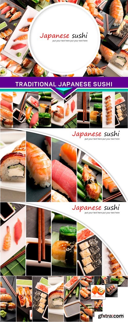 Traditional japanese sushi collage  7x JPEG