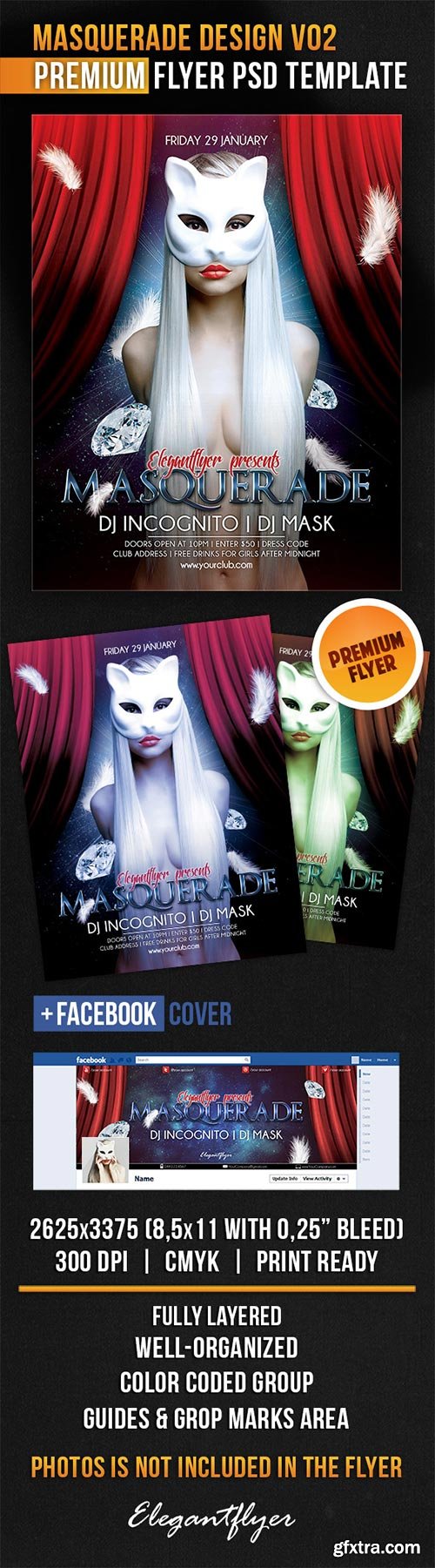 Masquerade Design V02 Flyer PSD Template + Facebook Cover