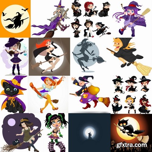 Collection picture vector cartoon witch magic sorceress 25 EPS