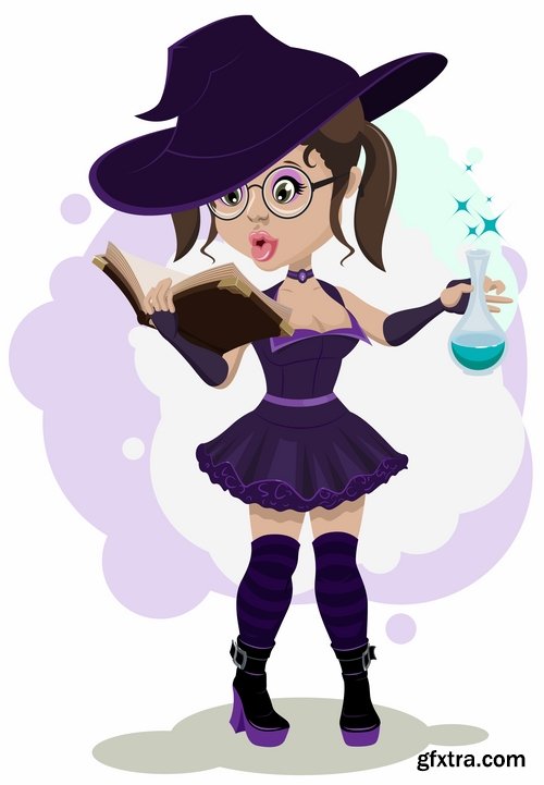 Collection picture vector cartoon witch magic sorceress 25 EPS