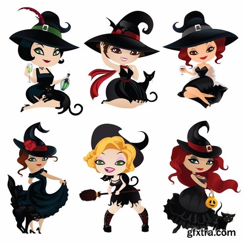 Collection picture vector cartoon witch magic sorceress 25 EPS