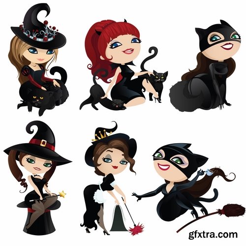 Collection picture vector cartoon witch magic sorceress 25 EPS