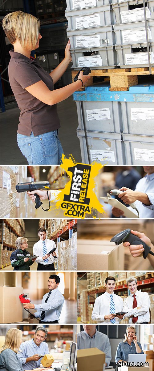 Stock Image Worker Scanning Package In Warehouse