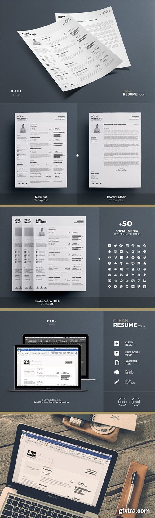 CreativeMarket Clean B&W Resume - Indd + Docx 476244