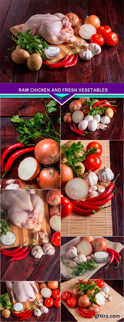 Raw chicken and fresh vegetables on wooden background 8x JPEG