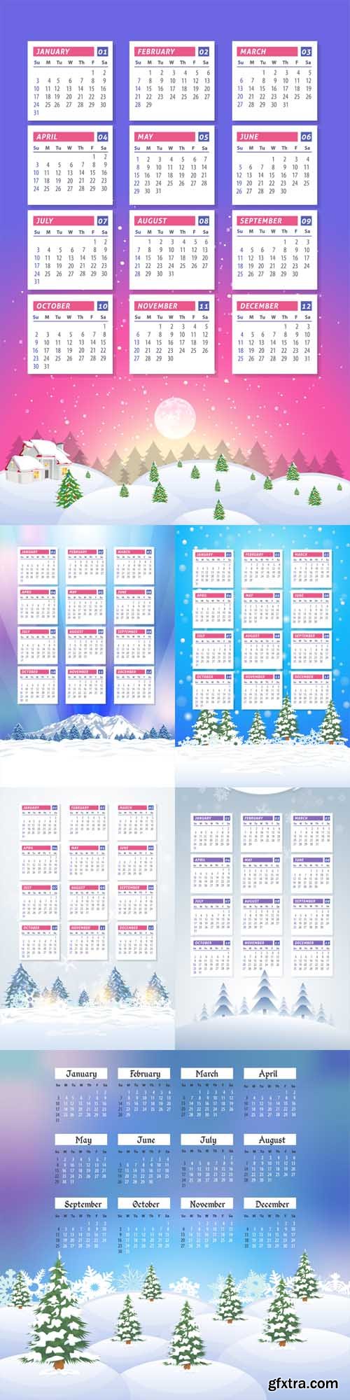 2016 Full Calendar Template and Winter Landscape