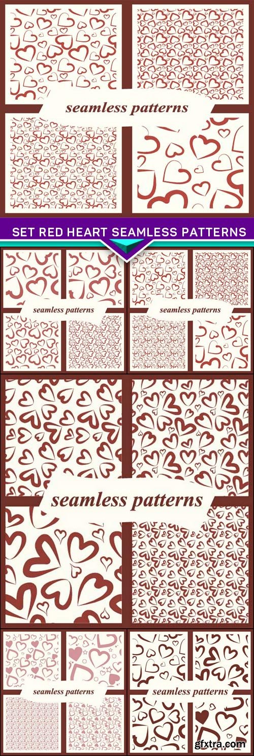 Set red heart seamless patterns, vector texture 5x EPS