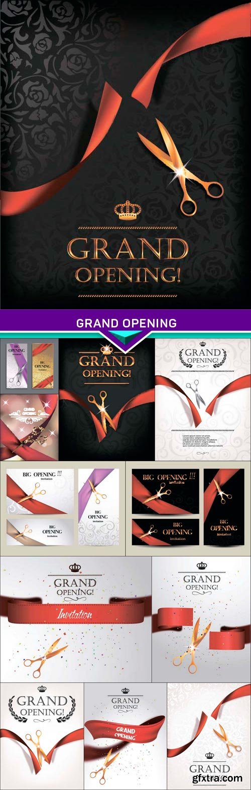 Grand opening invitation card with silk red ribbon and scissors 12x EPS