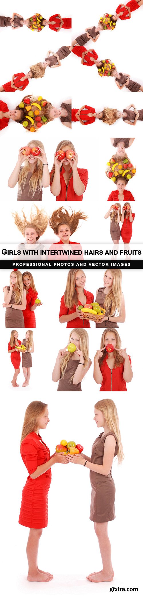 Girls with intertwined hairs and fruits