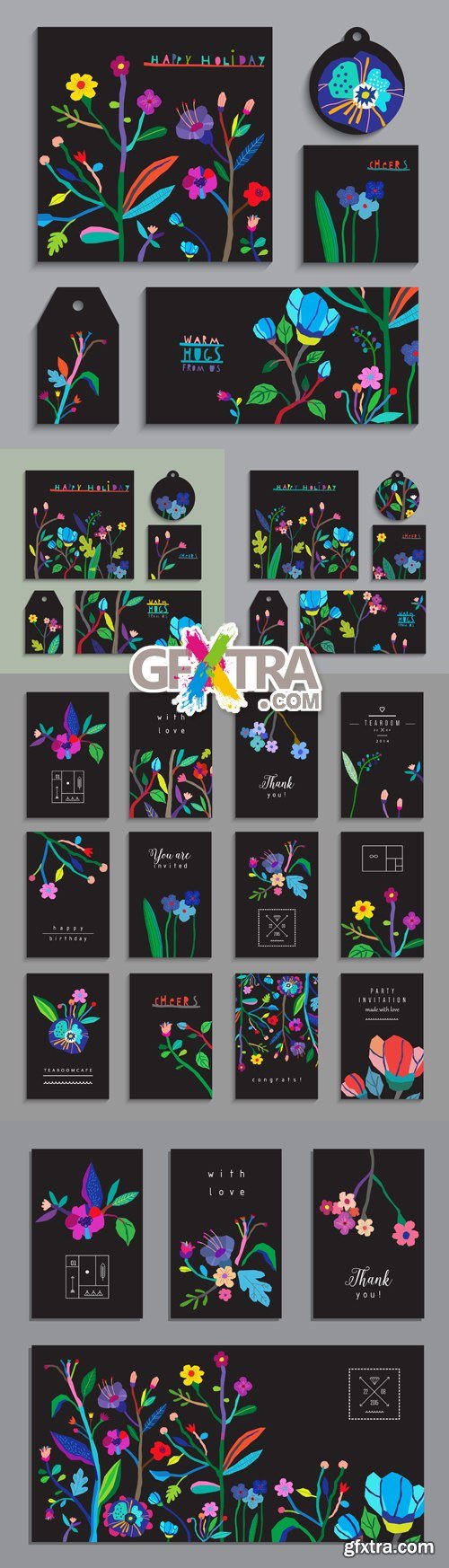 Black Cards with Flowers Vector