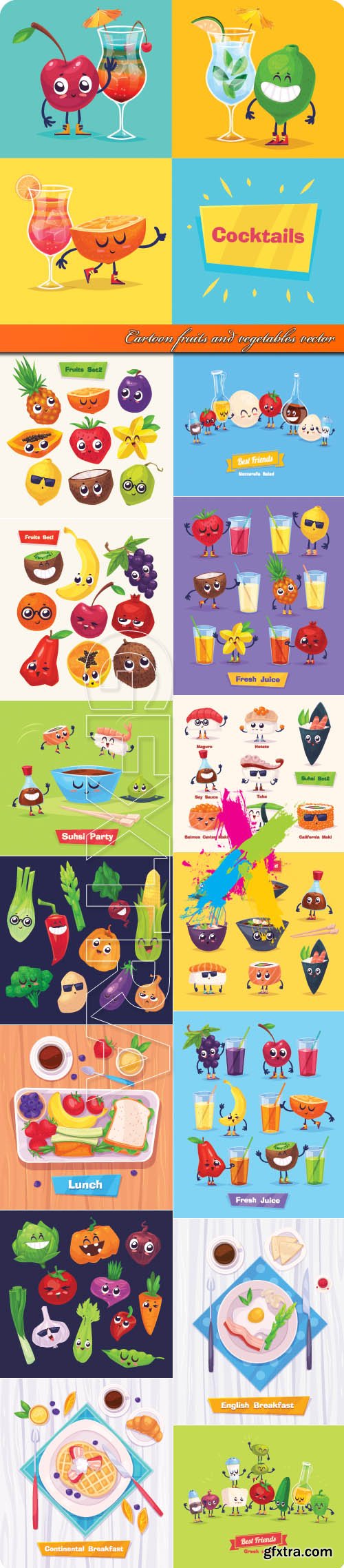 Cartoon fruits and vegetables vector