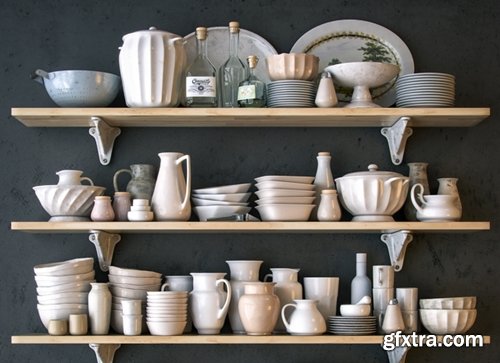 Shelf with utensils in bright colors