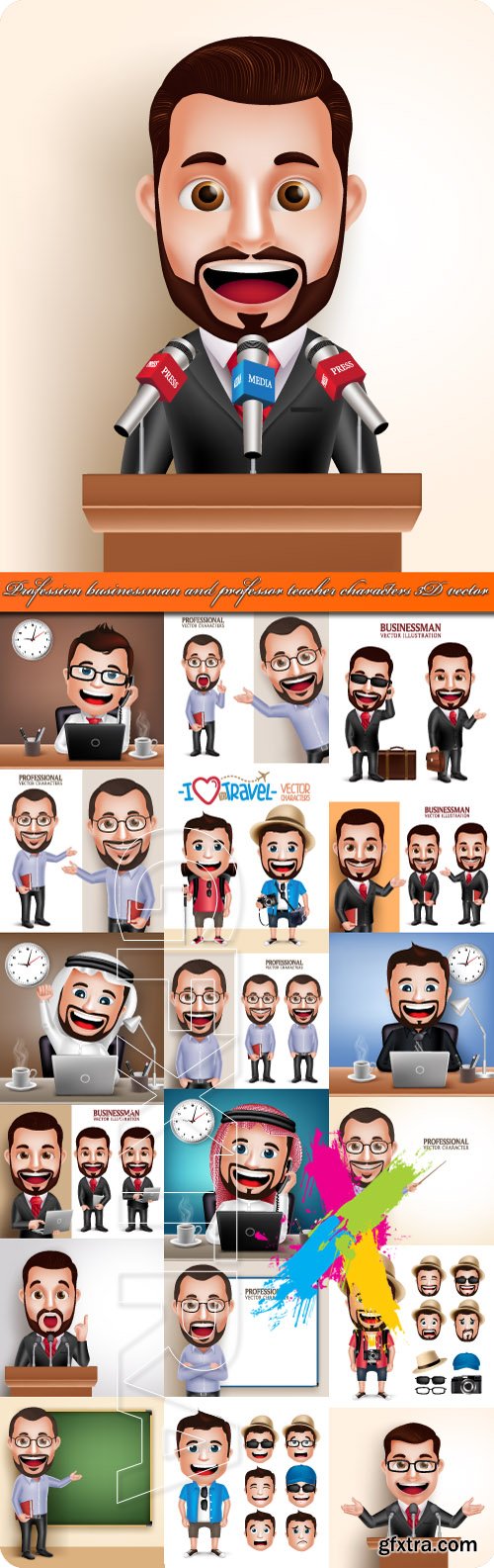 Profession businessman and professor teacher characters 3D vector