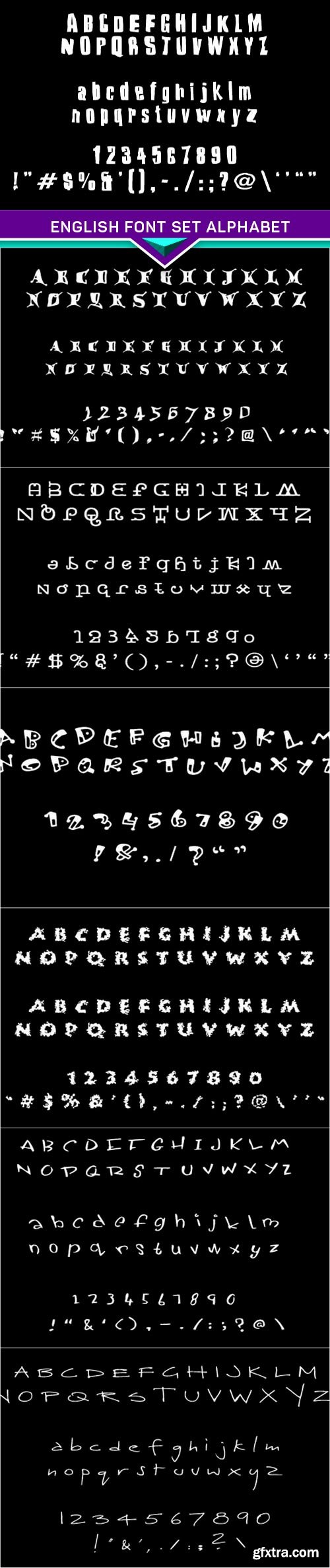 English font set alphabet, numbers and symbols 7x EPS